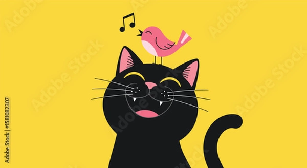 Fototapeta A Cheerful Black Cat Listens to a Sweet Bird Song on a Bright Yellow Background