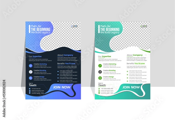 Obraz Modern creative A4-sized business flyer design template layout with organic green and blue shapes