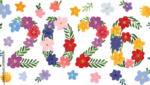 Obraz number 2026 made of beautiful colorful flowers, new year creative decoration design. cutout.horizontal, illustration, design, multi colored, anniversary, backgrounds, concepts, creativity, event,