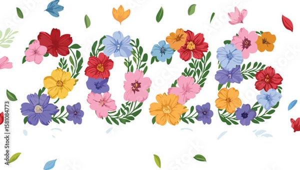 Obraz number 2026 made of beautiful colorful flowers, new year creative decoration design. cutout.horizontal, illustration, design, multi colored, anniversary, backgrounds, concepts, creativity, event,