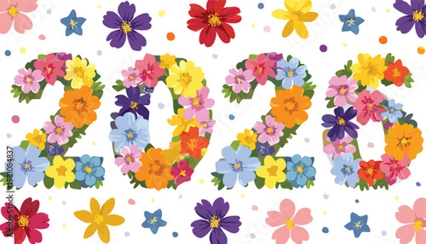 Obraz number 2026 made of beautiful colorful flowers, new year creative decoration design. cutout.horizontal, illustration, design, multi colored, anniversary, backgrounds, concepts, creativity, event,
