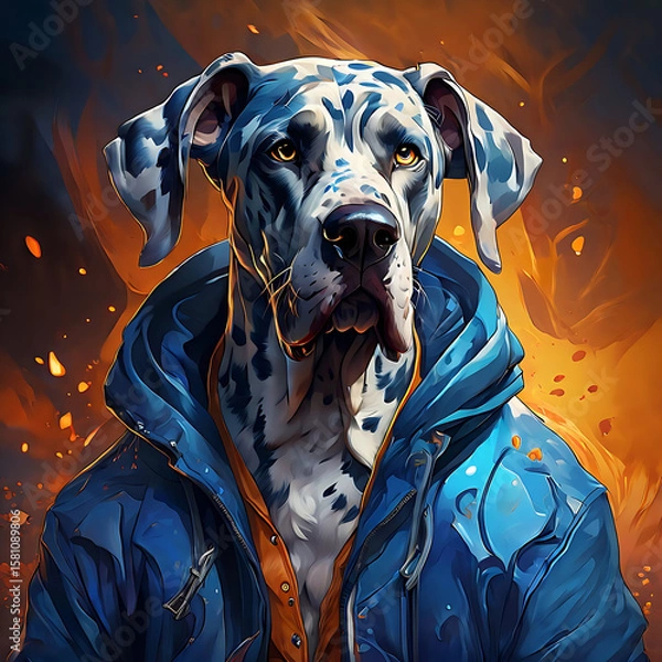 Fototapeta A striking blue and white spotted Great Dane with intense yellow eyes is depicted wearing a blue hoodie against a dramatic, fiery orange background with floating embers.