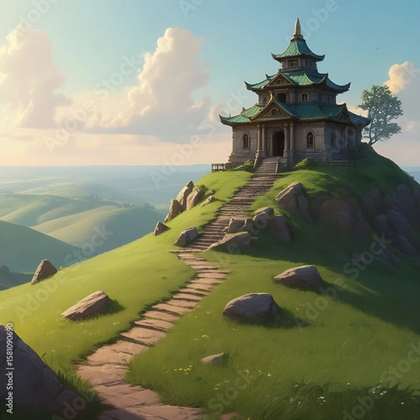 Fototapeta A serene pagoda with green-tiled roofs stands atop a grassy hill, accessed by a winding stone pathway, overlooking a vast landscape of rolling green hills under a bright sky.