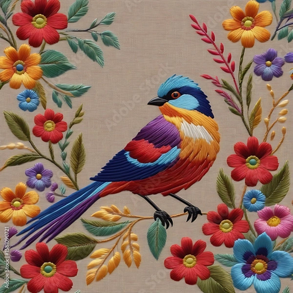Fototapeta A vibrantly embroidered bird with a colorful plumage is perched amidst an array of similarly embroidered flowers and leaves, all set against a textured, light brown fabric background.