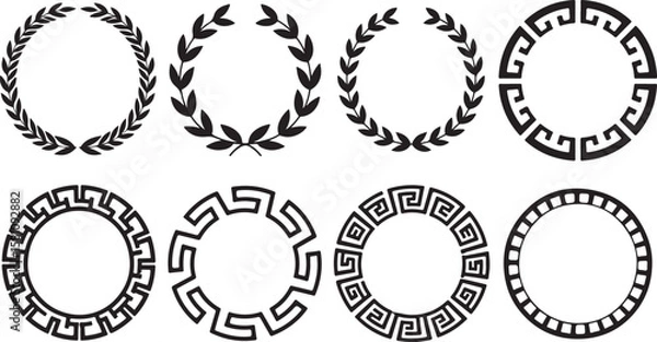 Fototapeta Collection of black circular laurel wreaths and ancient greek meander pattern borders on transparent background
