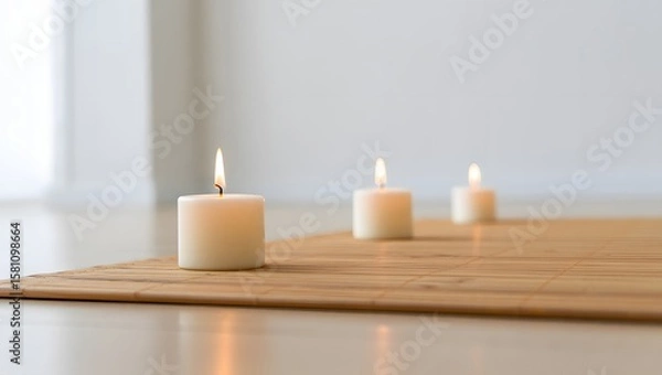 Fototapeta Three lit white candles on a bamboo mat creating a serene and peaceful atmosphere