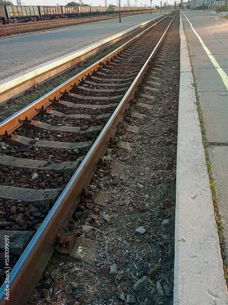 Fototapeta Curved railway tracks at a quiet train station during sunset. The scene features multiple railway lines, overhead electric wires, and a deserted platform with a few distant pedestrians. The warm