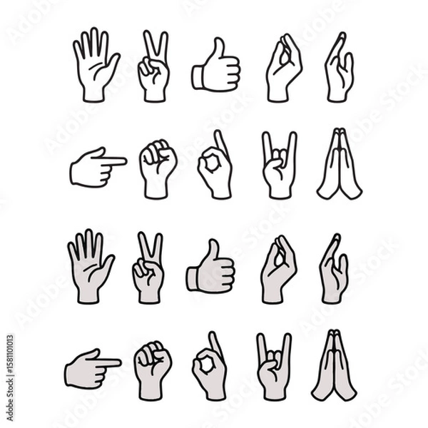 Obraz Set of hand-drawn human hand gesture icons: vector illustrations of fingers, fist, thumb, and palm communication symbols