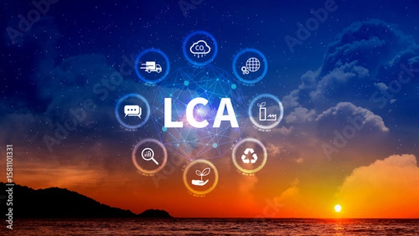Fototapeta LCA, Life cycle assessment concept, ISO LCA standard aims to limit climate change, Methodology for assessing environmental impacts associated on value chain product.