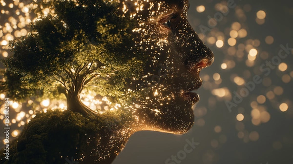 Fototapeta Close-up of a personâs mind visualizing a tree growing from light particles