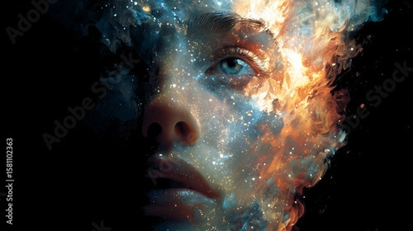 Fototapeta A focused face with glowing abstract thoughts becoming a galaxy