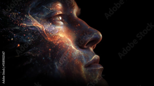 Fototapeta A focused face with glowing abstract thoughts becoming a galaxy