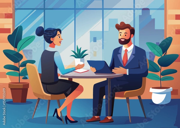 Fototapeta Business job interview concept vector illustration, young woman asking questions, man in suit answering at table, cartoon flat design, modern professional style, isolated on white background