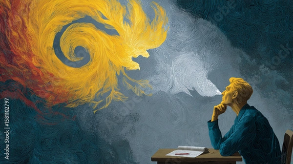 Fototapeta A concentrated thinker with a floating spiral becoming a phoenix