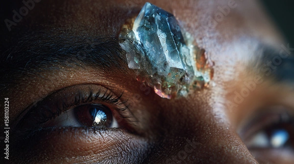 Fototapeta Close-up of a forehead with thoughts forming a crystal or gem