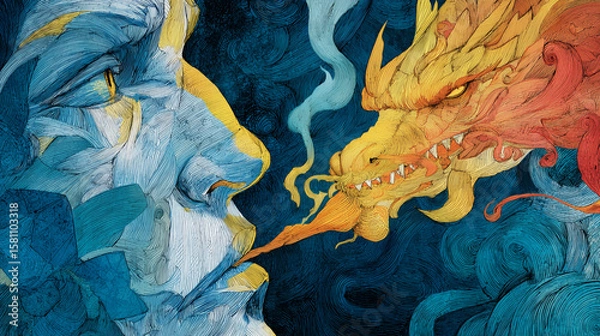 Fototapeta Close-up of a meditating face with thoughts flowing into a dragon