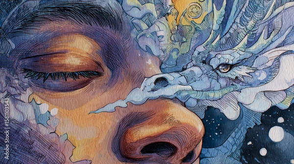 Fototapeta Close-up of a meditating face with thoughts flowing into a dragon
