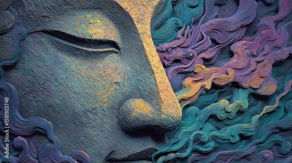 Fototapeta Close-up of a meditating face with thoughts flowing into a dragon