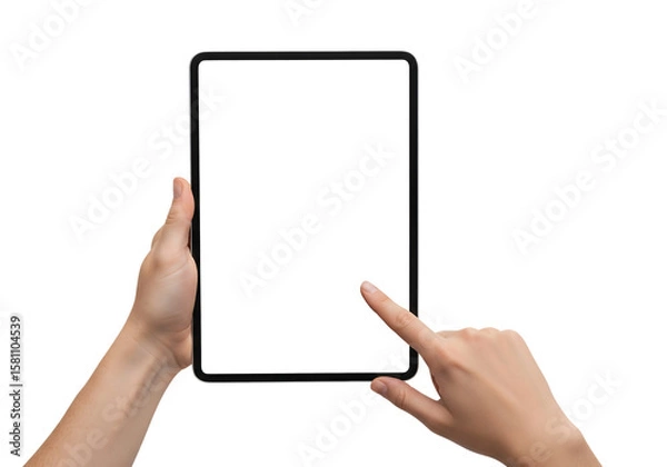 Fototapeta Male hands holding a digital tablet with a blank screen, finger tapping it. Isolated on transparent background, png
