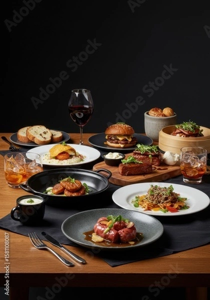Obraz Varied Gourmet Dinner Setting on Dark Wooden Table