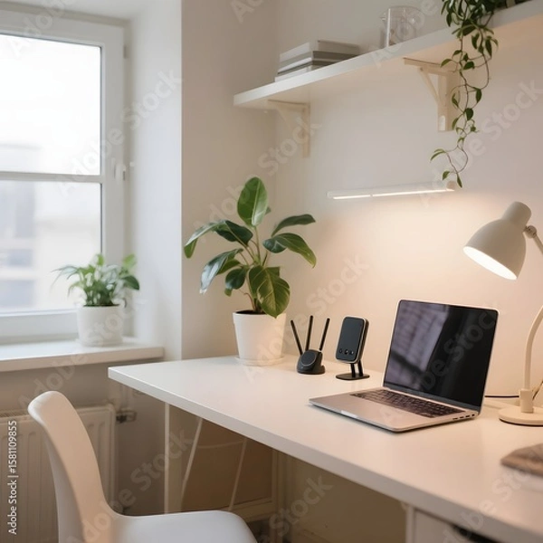 Fototapeta Minimalist Home Office Setup with Laptop and Plants
