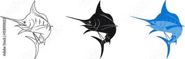 Fototapeta Marlin fish vector set displays outline, silhouette, and colored version