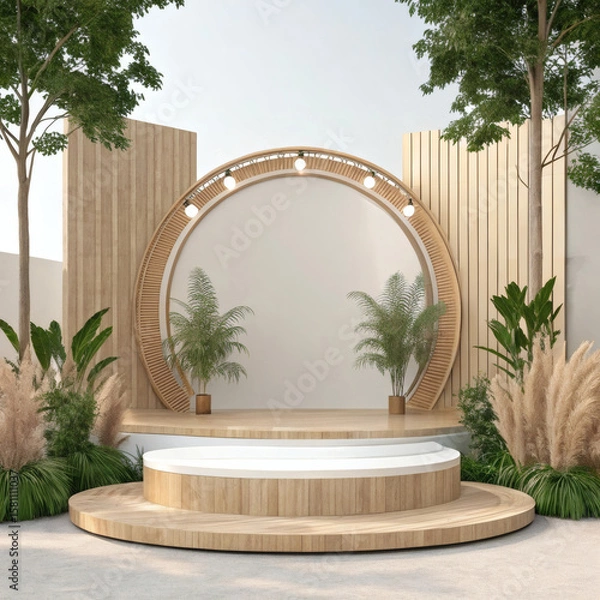 Fototapeta Modern circular stage design with wooden accents and lush greenery for events