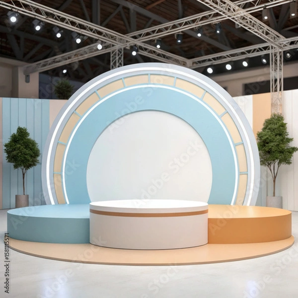 Fototapeta Modern exhibition stage with tiered podiums and decorative arch background