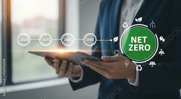 Fototapeta Person using tablet to track progress towards net zero emissions goals