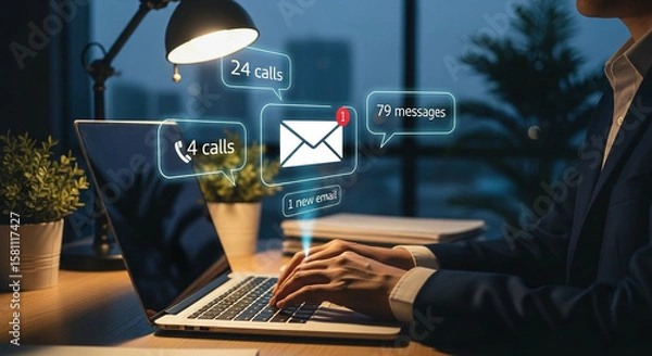 Fototapeta Person working on laptop with communication notifications appearing on screen