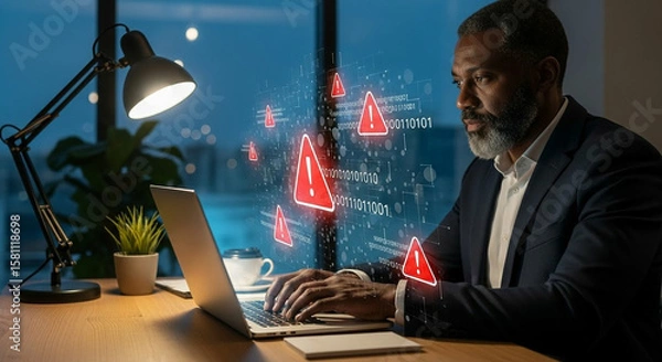 Fototapeta Man working on laptop with digital warning signs and binary code