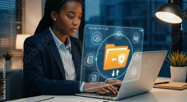 Fototapeta Woman working on laptop with futuristic data interface and security icons