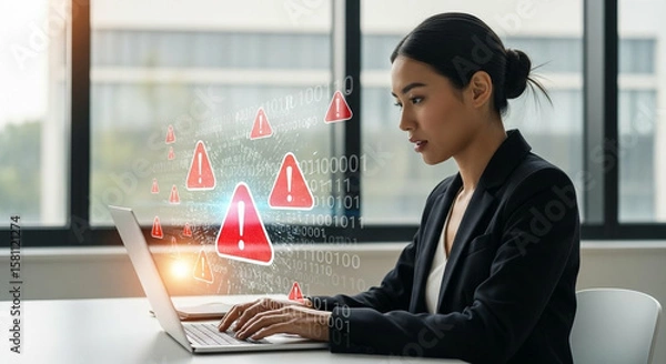 Fototapeta Woman working on laptop with digital warning symbols and binary code