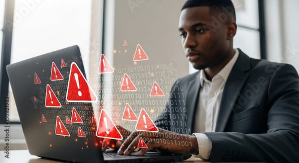 Fototapeta Businessman facing cybersecurity threats with warning alerts on laptop screen