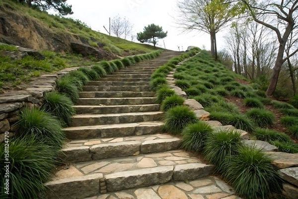 Fototapeta Stone Staircase Ascending a Hillside with Lush Green Grass and Trees