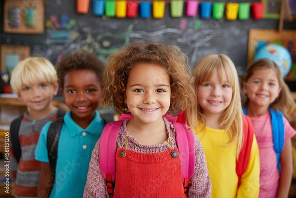 Fototapeta A lively back-to-school scene featuring smiling students with backpacks, surrounded by books and school supplies. 
