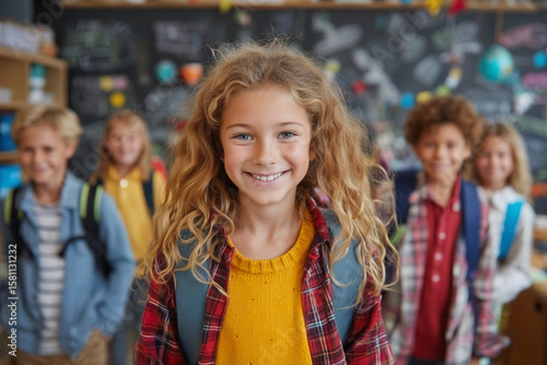 Fototapeta A lively back-to-school scene featuring smiling students with backpacks, surrounded by books and school supplies. 
