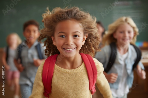 Fototapeta A lively back-to-school scene featuring smiling students with backpacks, surrounded by books and school supplies. 