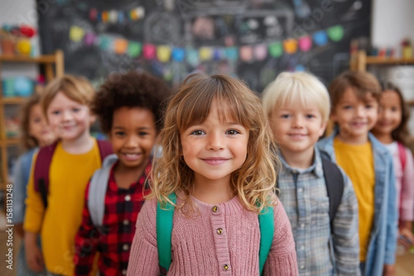 Fototapeta A lively back-to-school scene featuring smiling students with backpacks, surrounded by books and school supplies. 