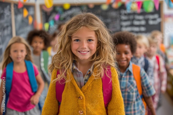 Fototapeta A lively back-to-school scene featuring smiling students with backpacks, surrounded by books and school supplies. 