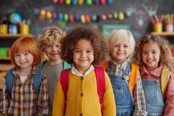 Fototapeta A lively back-to-school scene featuring smiling students with backpacks, surrounded by books and school supplies. 