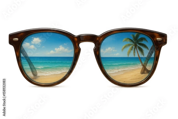 Obraz Sunglasses reflecting a serene tropical beach scene with palm trees and ocean waves, set against a transparent background