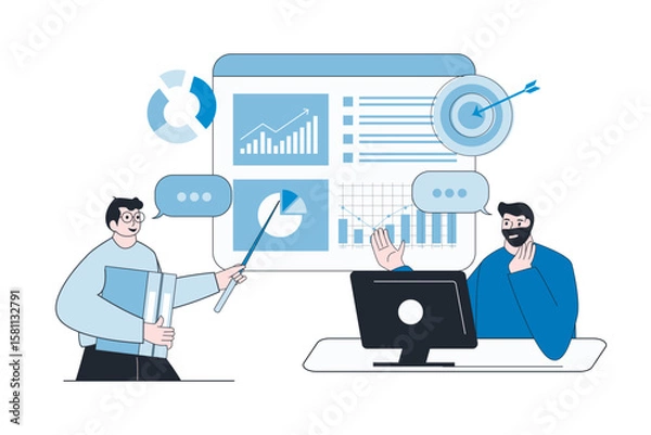 Fototapeta Online business analytics concept team of employees brainstorming on data analysis.