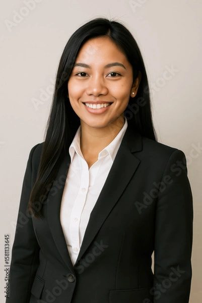 Obraz Professional portrait of confident smiling young businesswoman in a black suit and white blouse standing against a plain background representing corporate success and career professionalism
