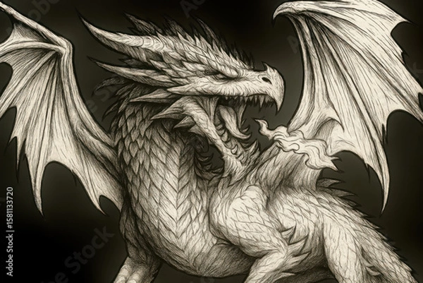 Obraz Detailed pencil drawing of a fierce medieval fantasy dragon with large wings sharp claws and open jaws roaring in an aggressive pose on a dark background