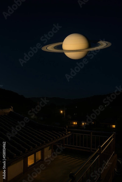 Obraz Night scene with the planet Saturn appearing enormous in the dark sky above traditional rooftops and a quiet landscape creating a cosmic fantasy atmosphere