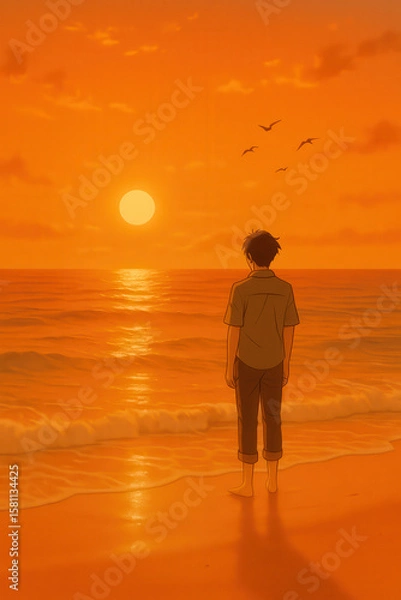 Obraz Lonely anime boy standing at sunset beach in deep emotional reflection with warm orange sky and distant birds flying