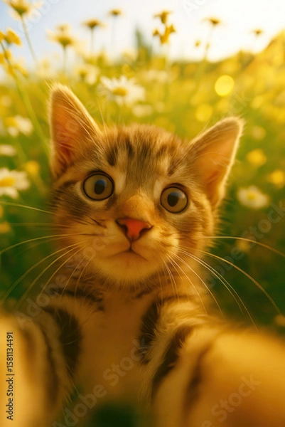 Obraz Cute tabby kitten taking selfie in blooming spring meadow with daisies during golden hour