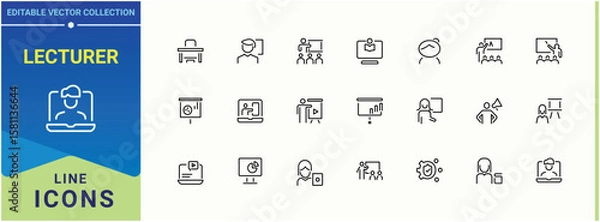 Fototapeta Lecturer icon set. Contains such icons as training, education, teaching, classroom, lecture, teach and more. Teacher line icon set. Collection of simple line web icons. Vector illustration.
