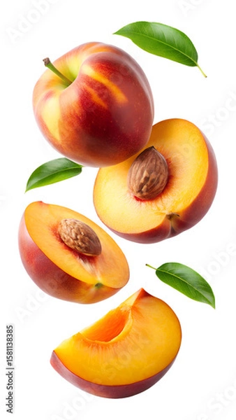 Fototapeta Fresh peaches with leaves and sliced halves floating in the air isolated on transparent white background, clipping path